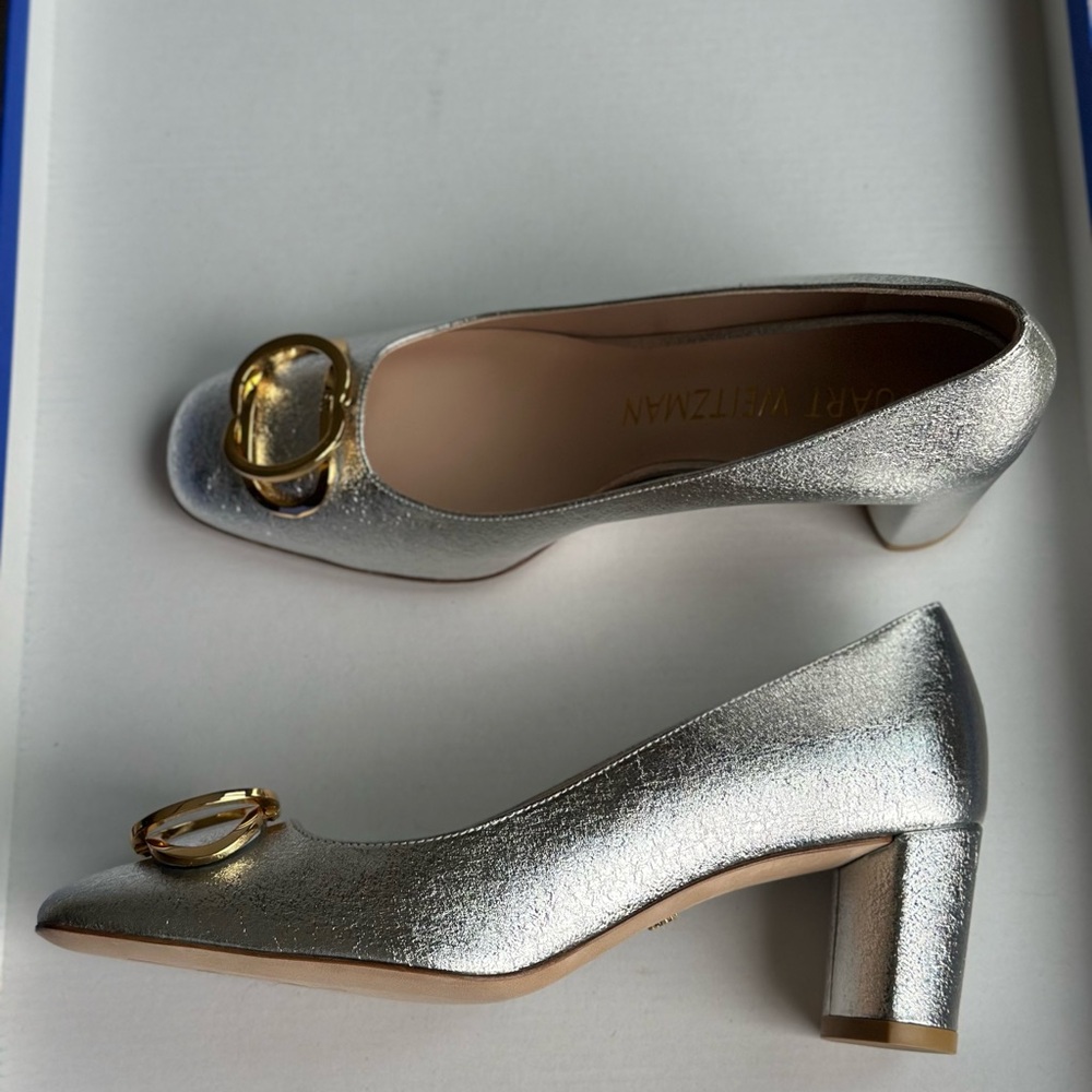 Stuart Weitzman Anicia Metallic Silver Leather Pumps Gold Logo Size 7.5 - Picture 8 of 16